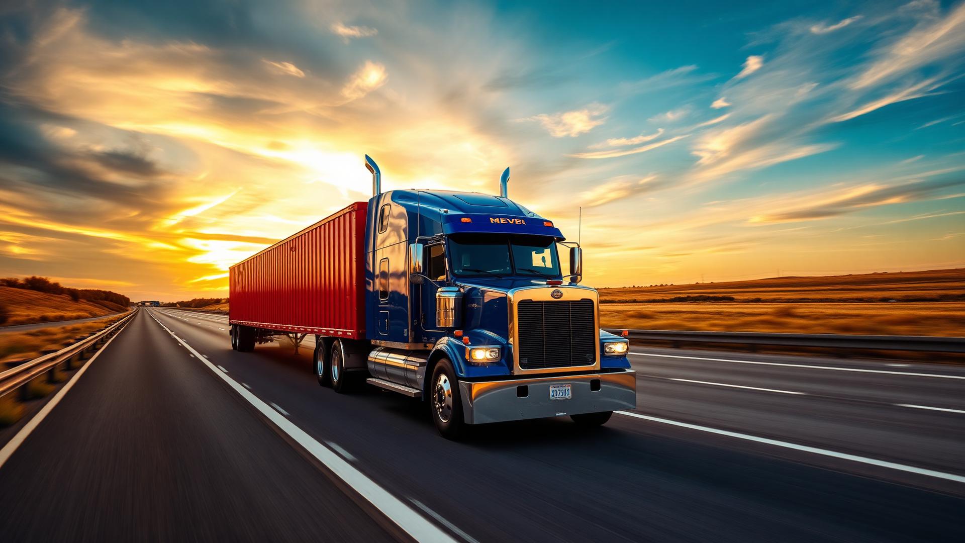 Semi-truck on American highway at sunset